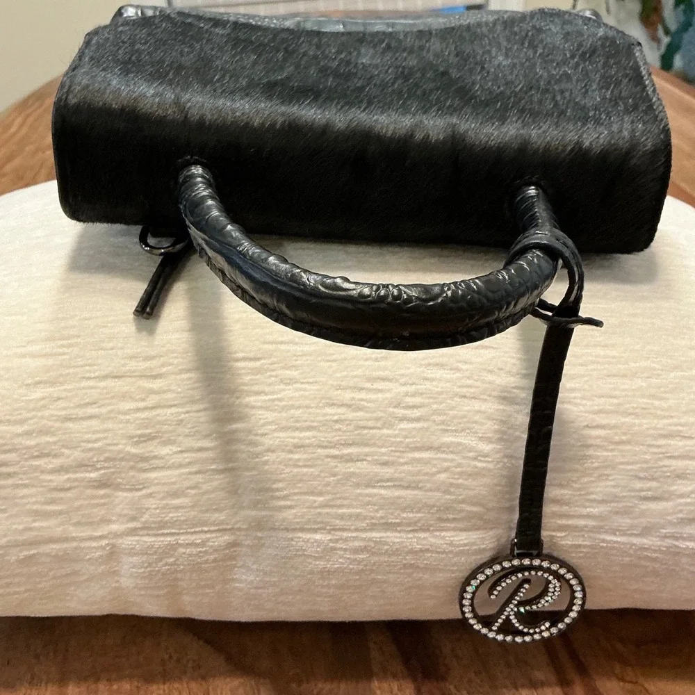 Raviani Designer‎ Top Handle Bag Black Furry Leather Alligator Embossed Purse